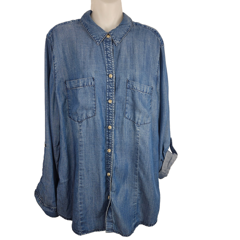Chico's Womens Chambray Denim Button Shirt Lyocell 12/14 Blue Tab Sleeve Coastal